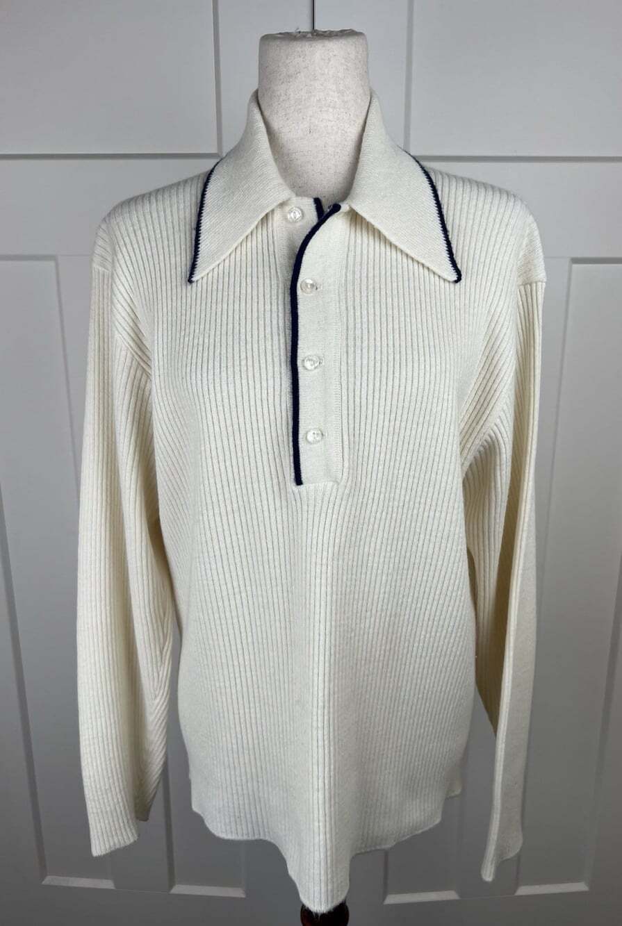 Vintage Jersild Ribbed Knit Polo Sweater Cream Navy USA Unisex